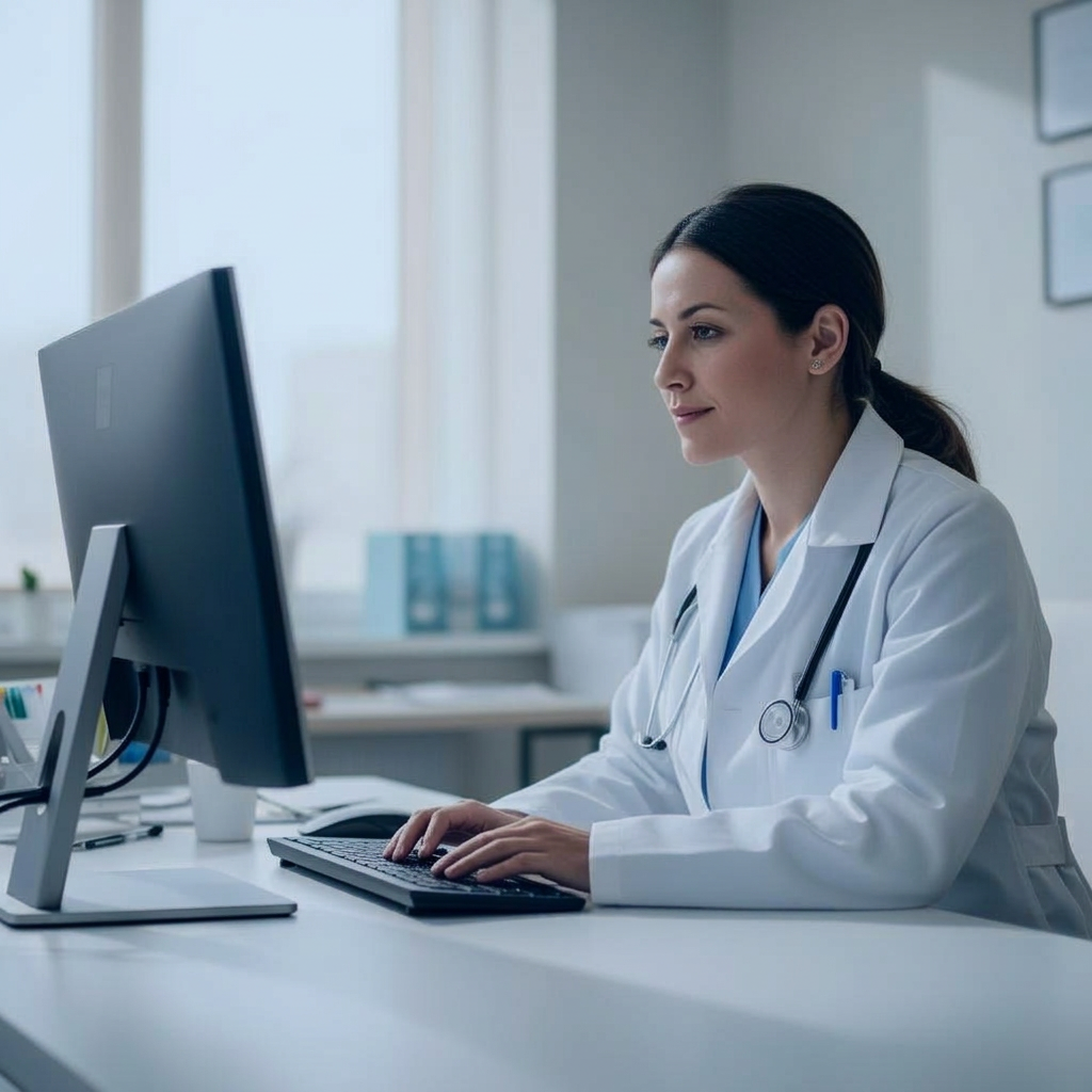 Physician working at a computer